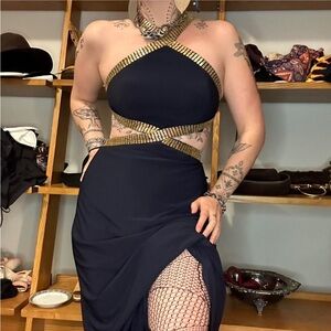 Elegant Beaded Navy and Gold Halter Gown